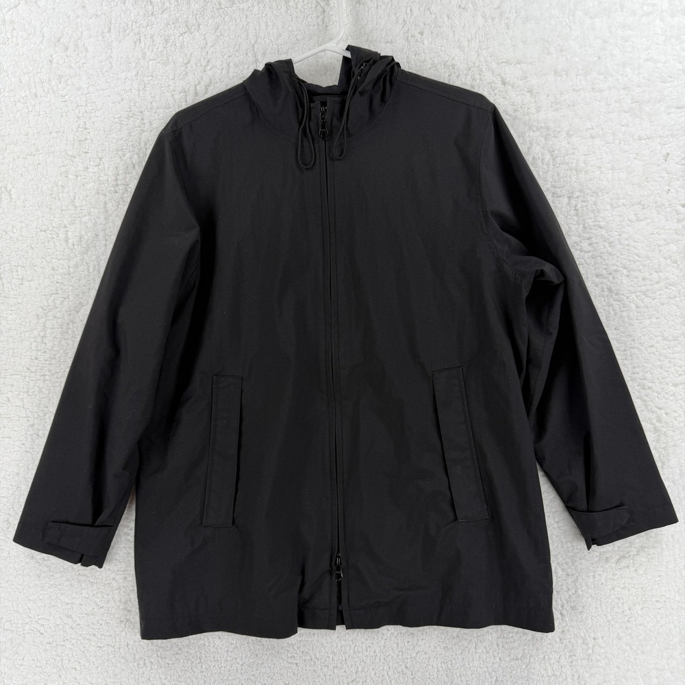 Eddie Bauer Coat‎ Womens Petite M Black Hooded Full Zip Rain Jacket Lightweight